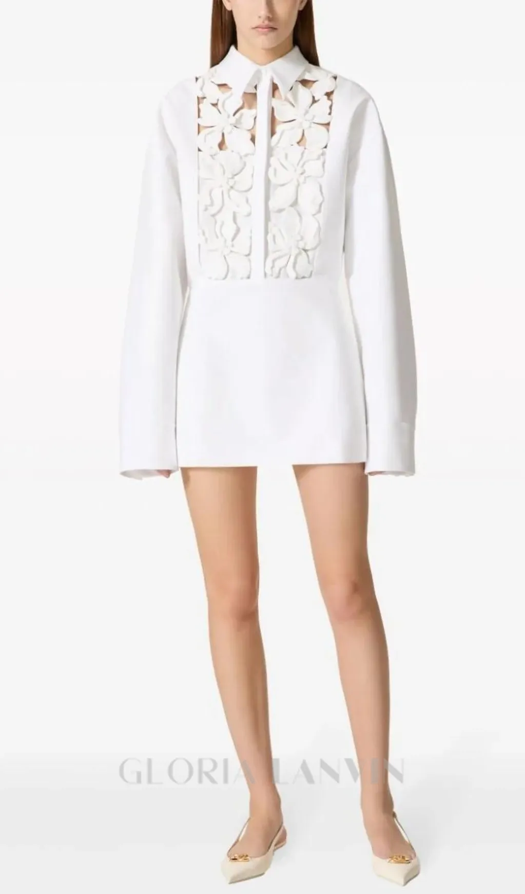 ETHEL FLORAL CUTOUT LONG SLEEVES SHIRT DRESS IN WHITE Gloria Lanvin