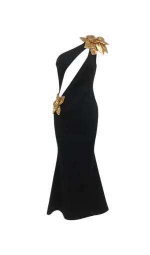 EUNICE GOLD 3D FLOWER CUT OUT BLACK MAXI DRESS Gloria Lanvin