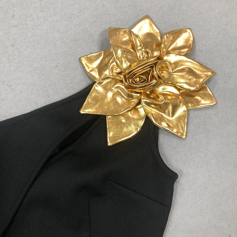 EUNICE GOLD 3D FLOWER CUT OUT BLACK MAXI DRESS Gloria Lanvin