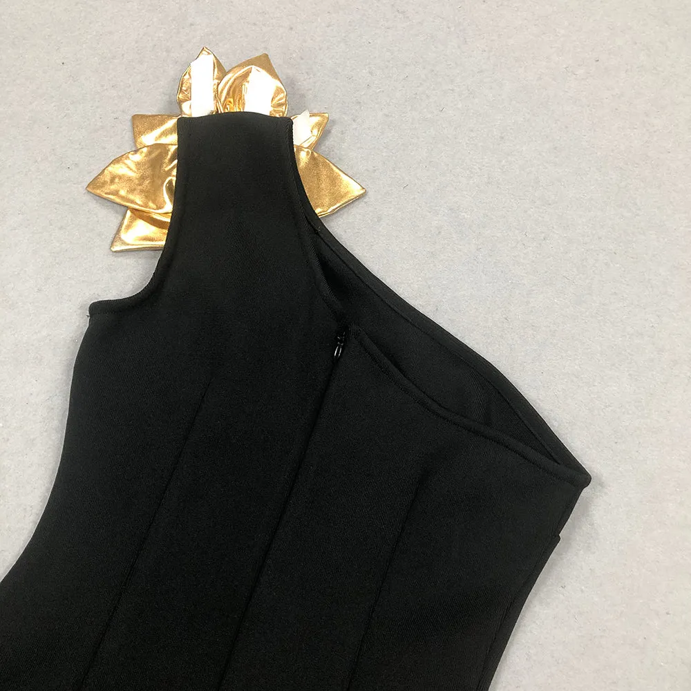 EUNICE GOLD 3D FLOWER CUT OUT BLACK MAXI DRESS Gloria Lanvin