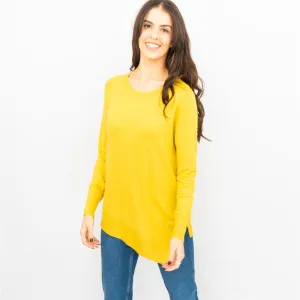 Evans Womens Asymmetric Top Mustard Longline Crew Neck Long Sleeve Relaxed Fit