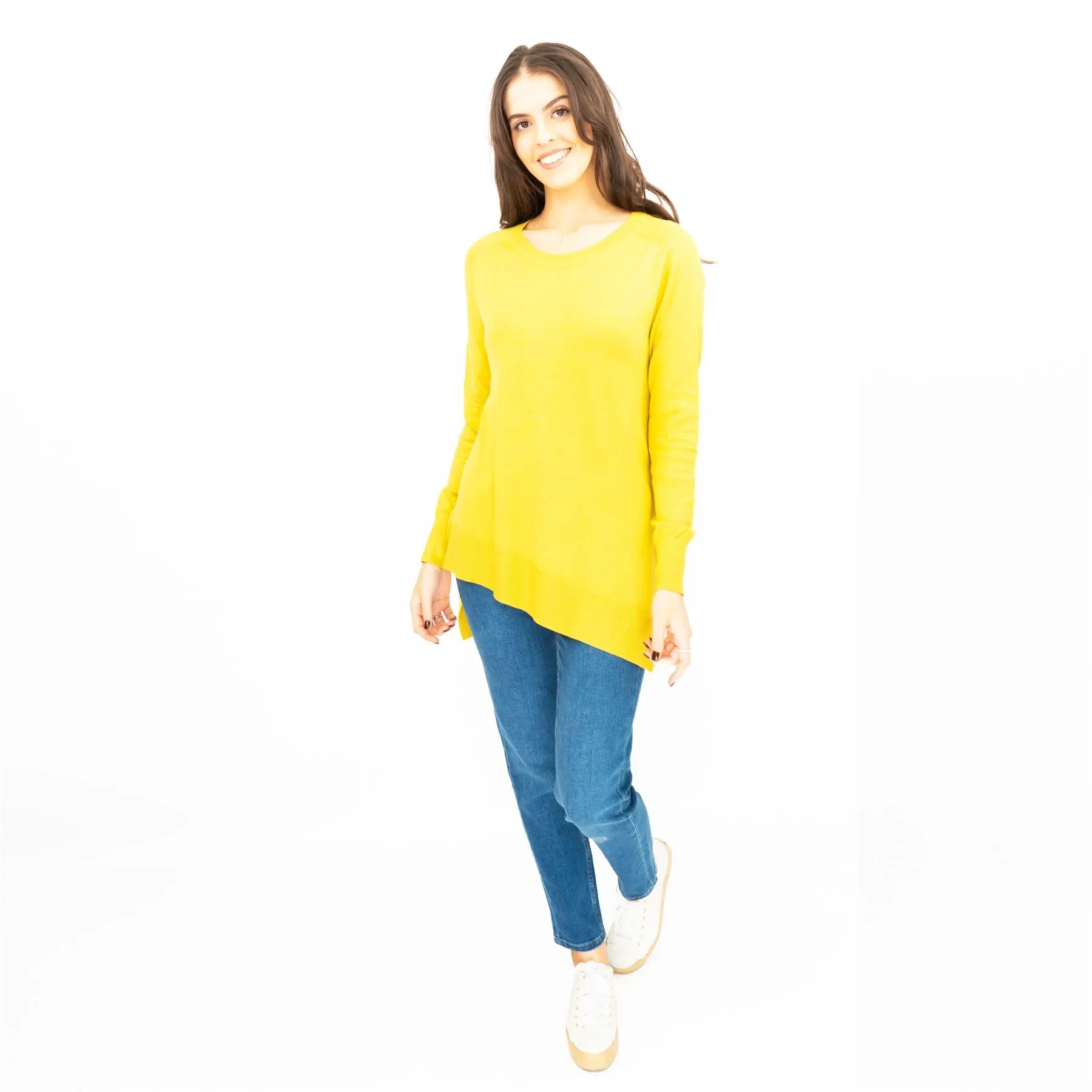 Evans Womens Asymmetric Top Mustard Longline Crew Neck Long Sleeve Relaxed Fit