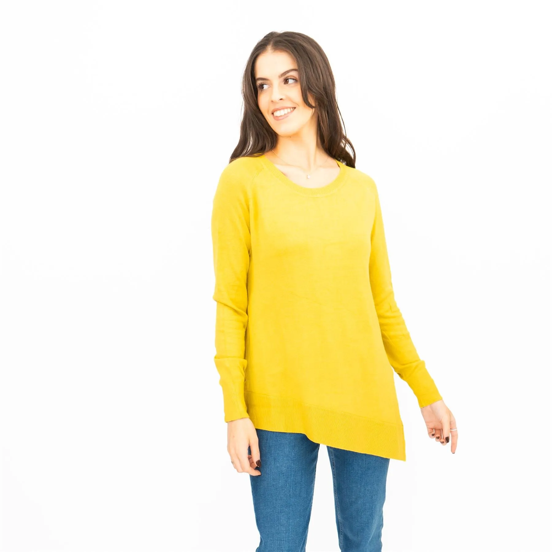 Evans Womens Asymmetric Top Mustard Longline Crew Neck Long Sleeve Relaxed Fit