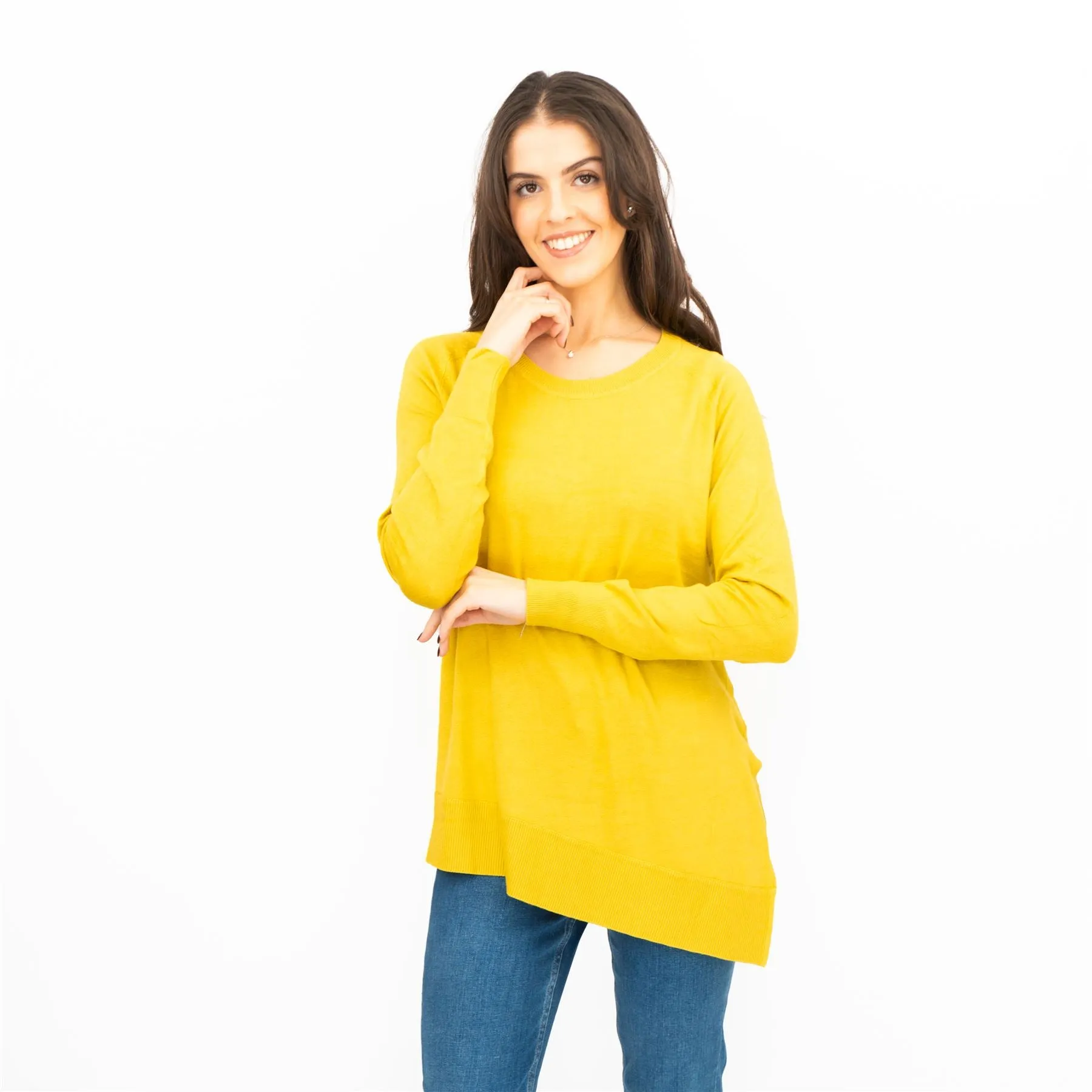 Evans Womens Asymmetric Top Mustard Longline Crew Neck Long Sleeve Relaxed Fit