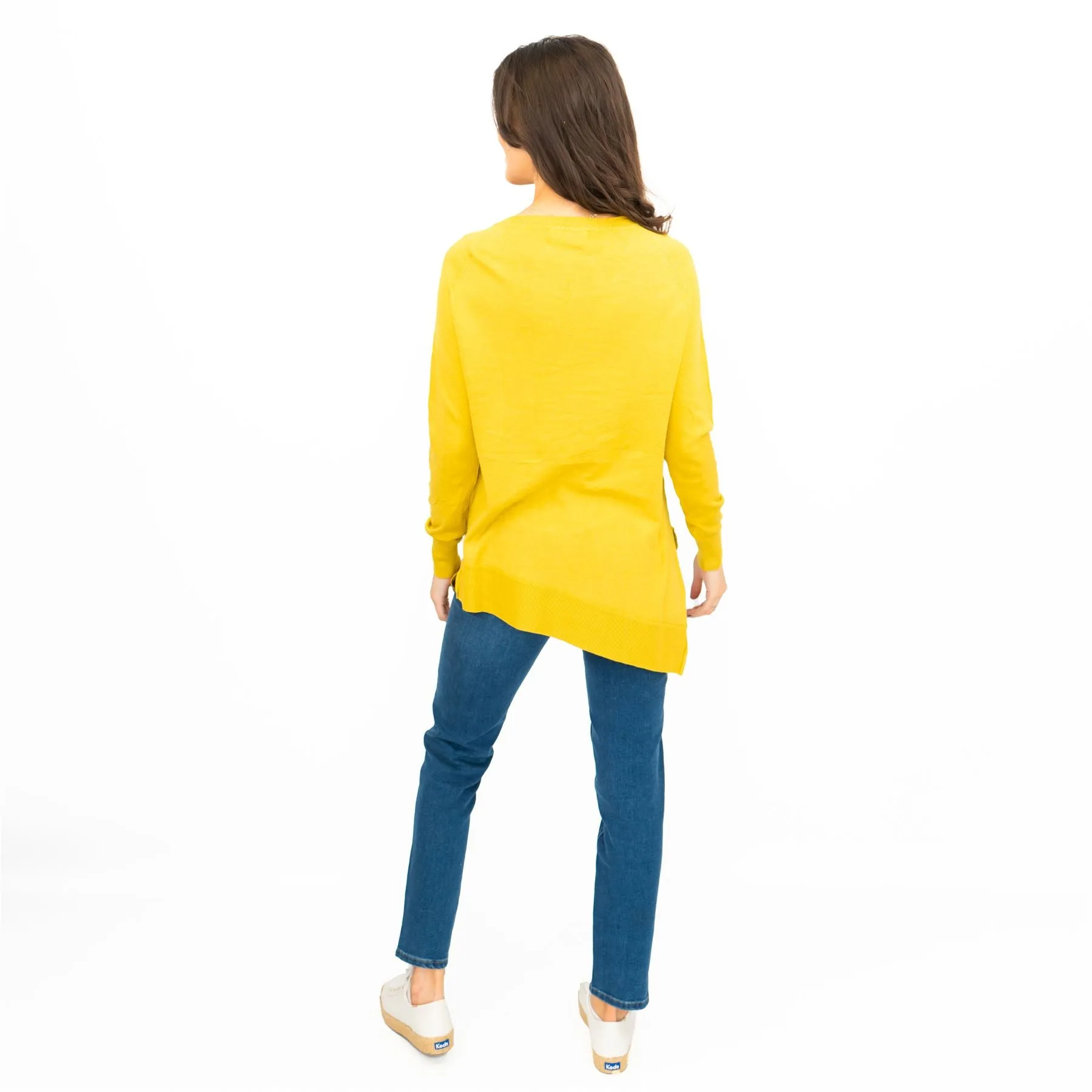 Evans Womens Asymmetric Top Mustard Longline Crew Neck Long Sleeve Relaxed Fit