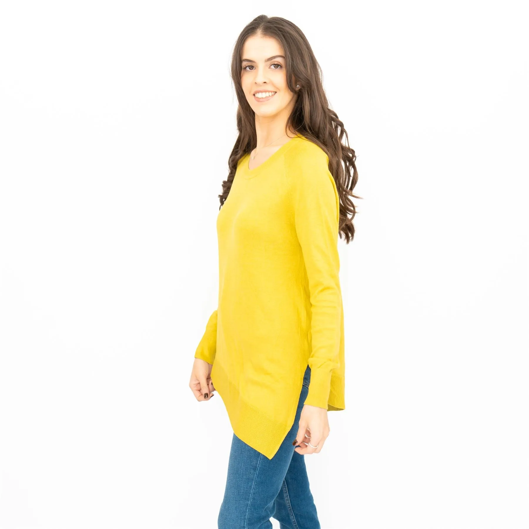 Evans Womens Asymmetric Top Mustard Longline Crew Neck Long Sleeve Relaxed Fit