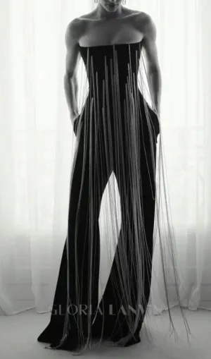 EVELYN CRYSTAL CHAIN DETAIL STRAPLESS BLACK JUMPSUIT Gloria Lanvin