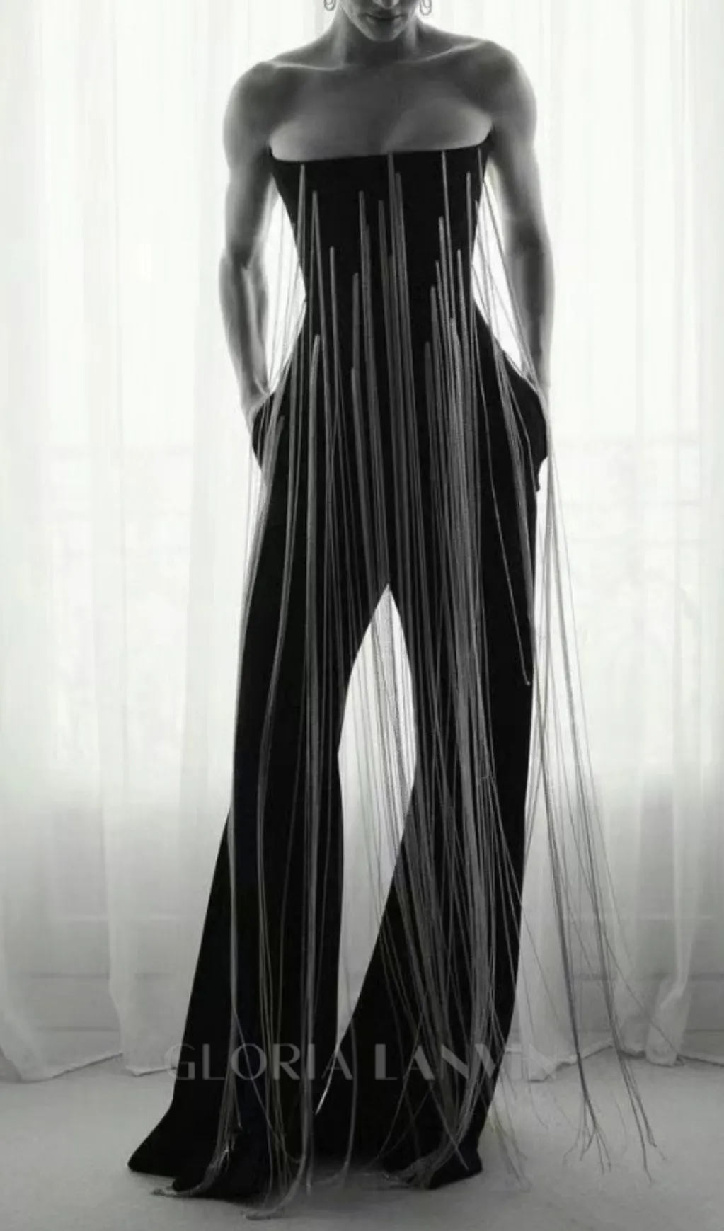 EVELYN CRYSTAL CHAIN DETAIL STRAPLESS BLACK JUMPSUIT Gloria Lanvin