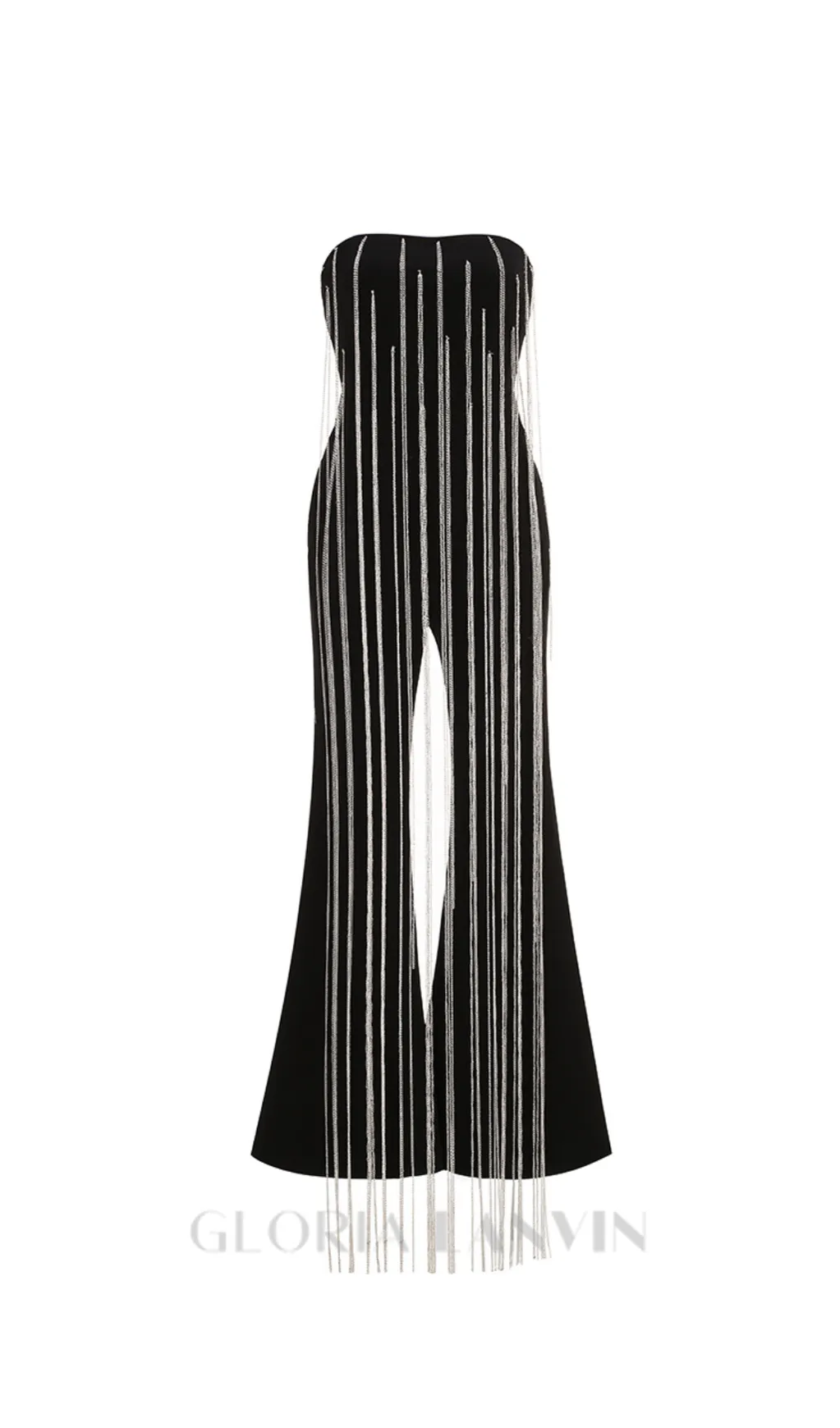 EVELYN CRYSTAL CHAIN DETAIL STRAPLESS BLACK JUMPSUIT Gloria Lanvin