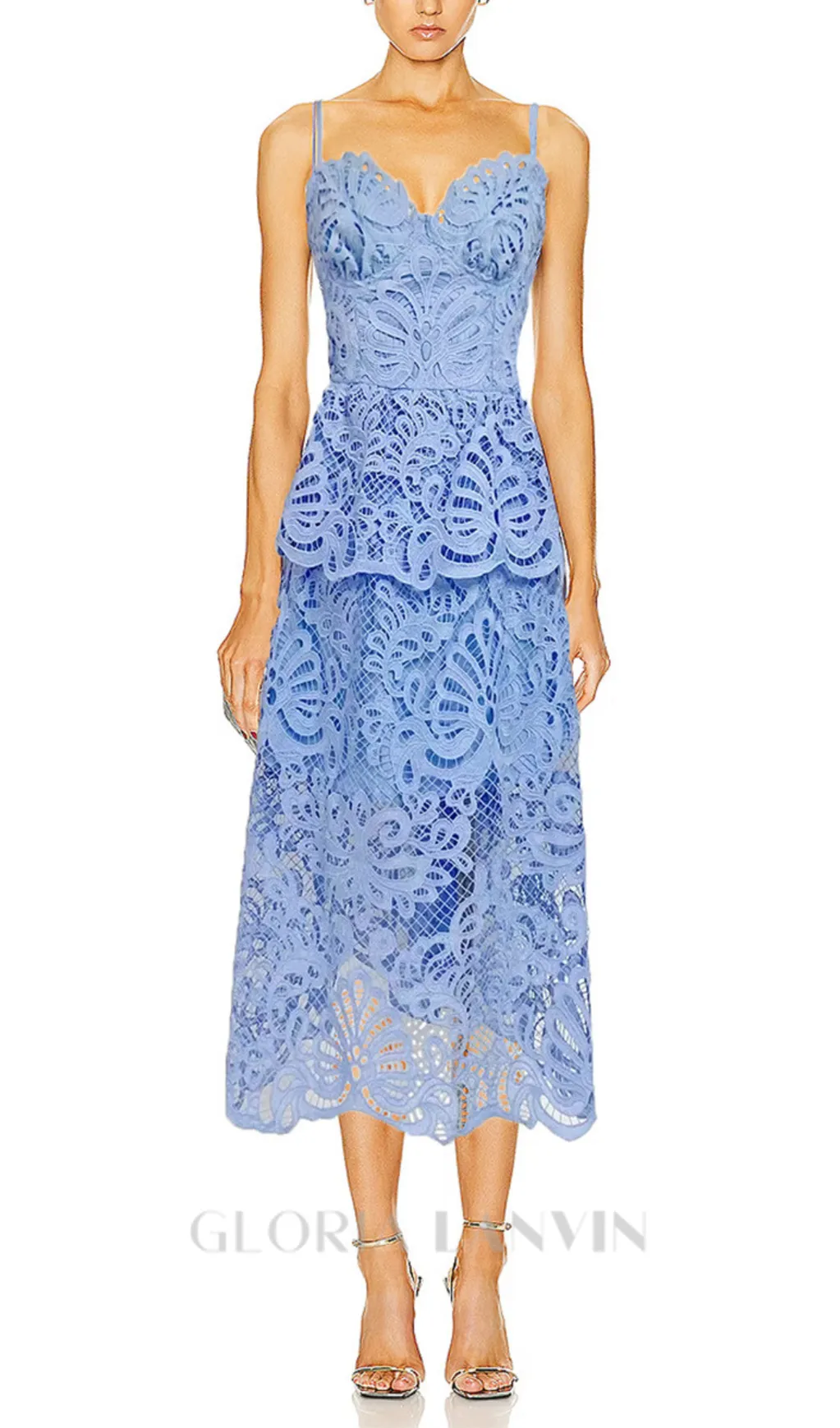 EVELYN CUT OUT LACE LAYERING MIDI DRESS IN BLUE Gloria Lanvin