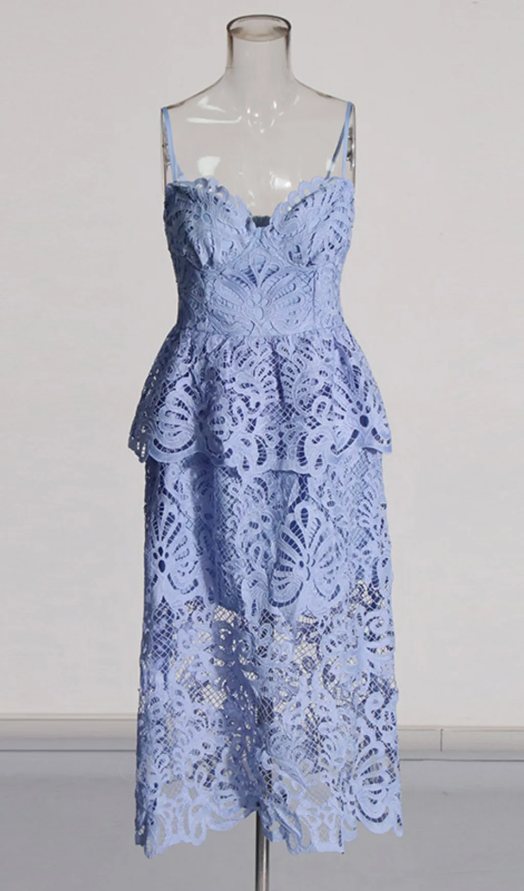 EVELYN CUT OUT LACE LAYERING MIDI DRESS IN BLUE Gloria Lanvin