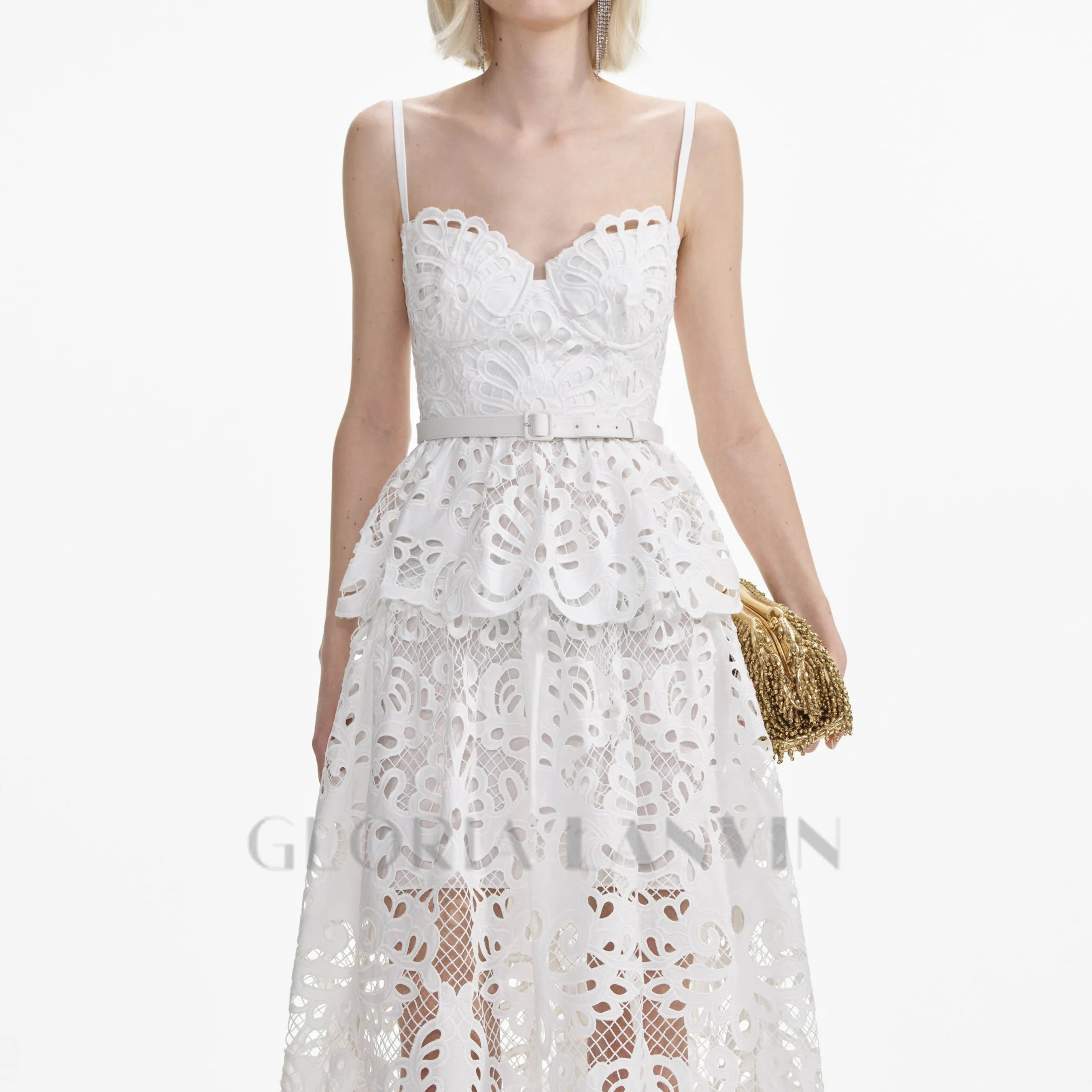 EVELYN CUT OUT LACE LAYERING MIDI DRESS IN WHITE Gloria Lanvin