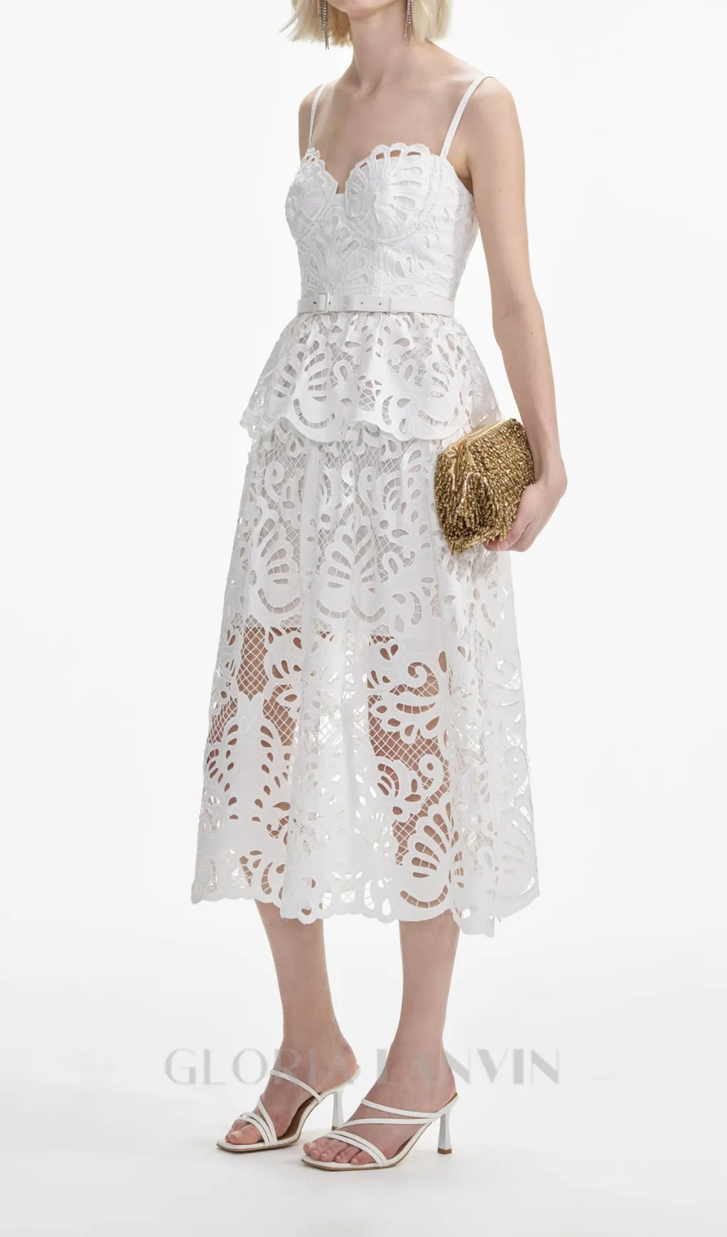 EVELYN CUT OUT LACE LAYERING MIDI DRESS IN WHITE Gloria Lanvin