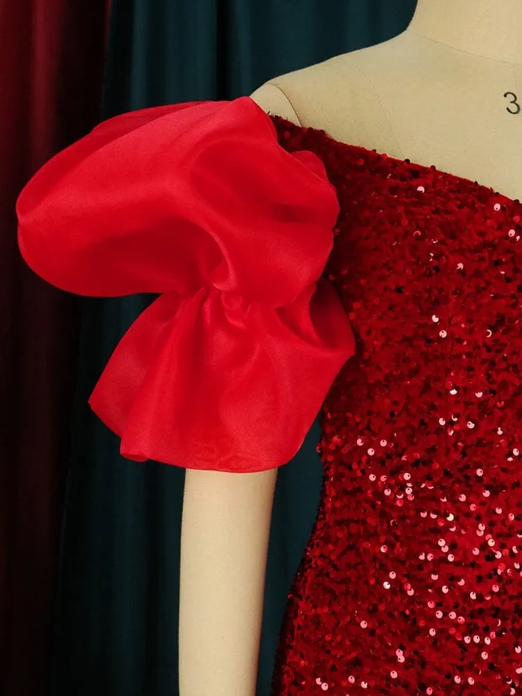 EXAGGERATED SLEEVES SLIM SEQUIN MAXI DRESS IN RED Gloria Lanvin