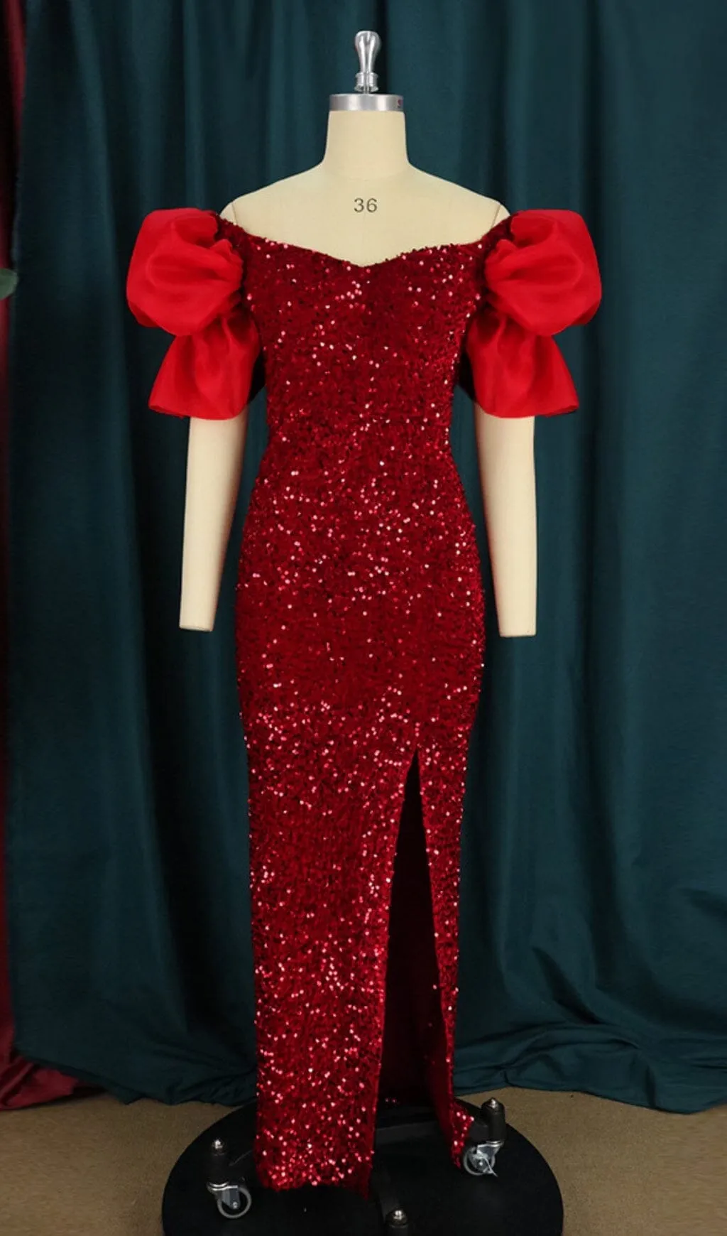 EXAGGERATED SLEEVES SLIM SEQUIN MAXI DRESS IN RED Gloria Lanvin