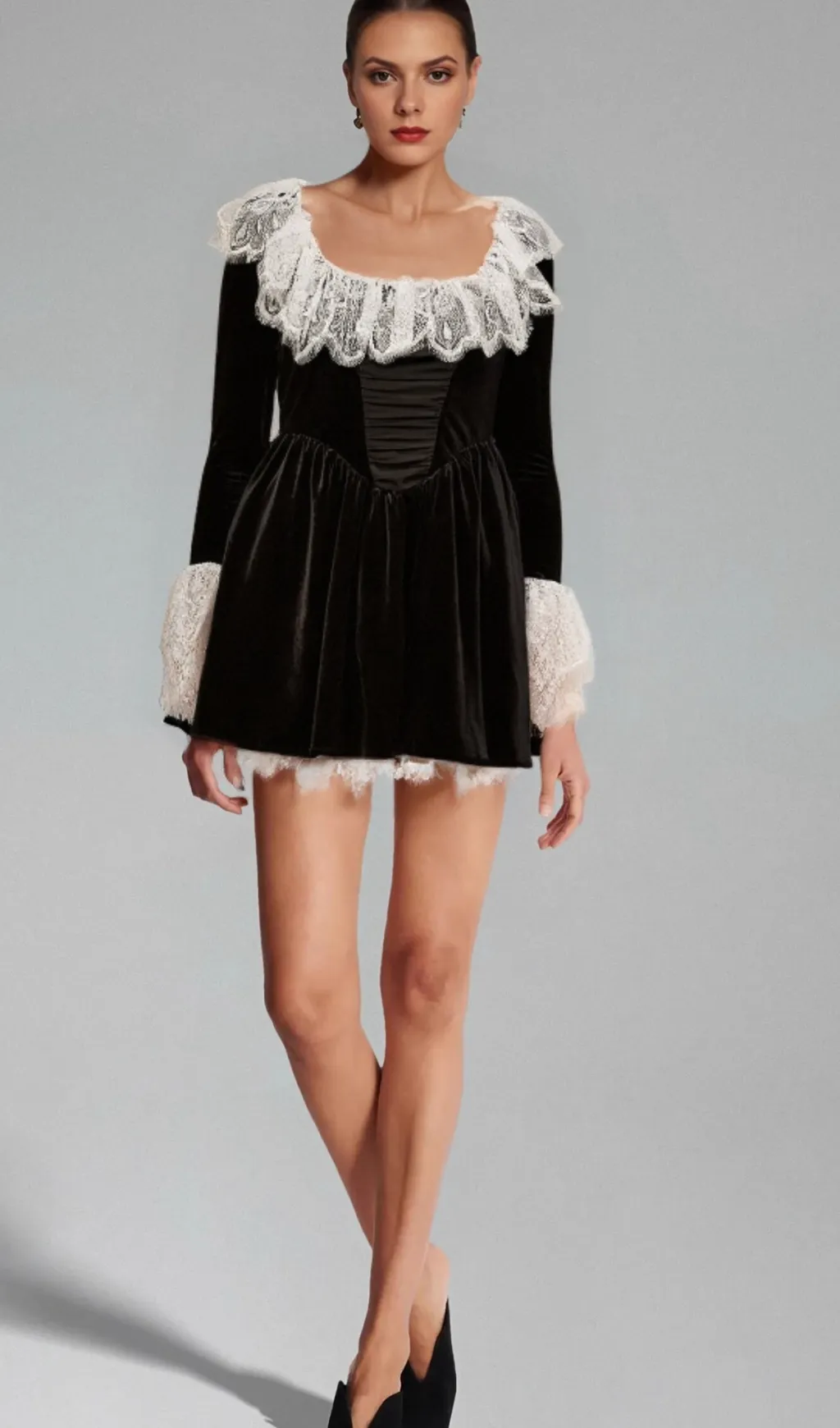 Fabiana black lace-trimmed velvet mini dress Gloria Lanvin
