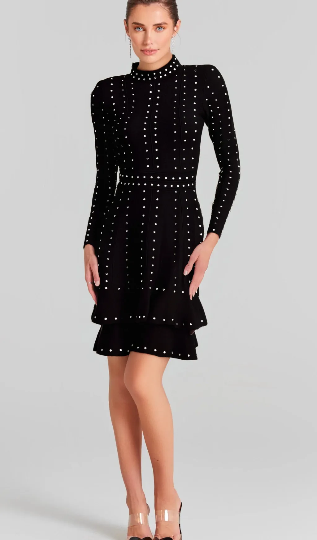 Fabienne black embellished ruffled knitted mini dress Gloria Lanvin