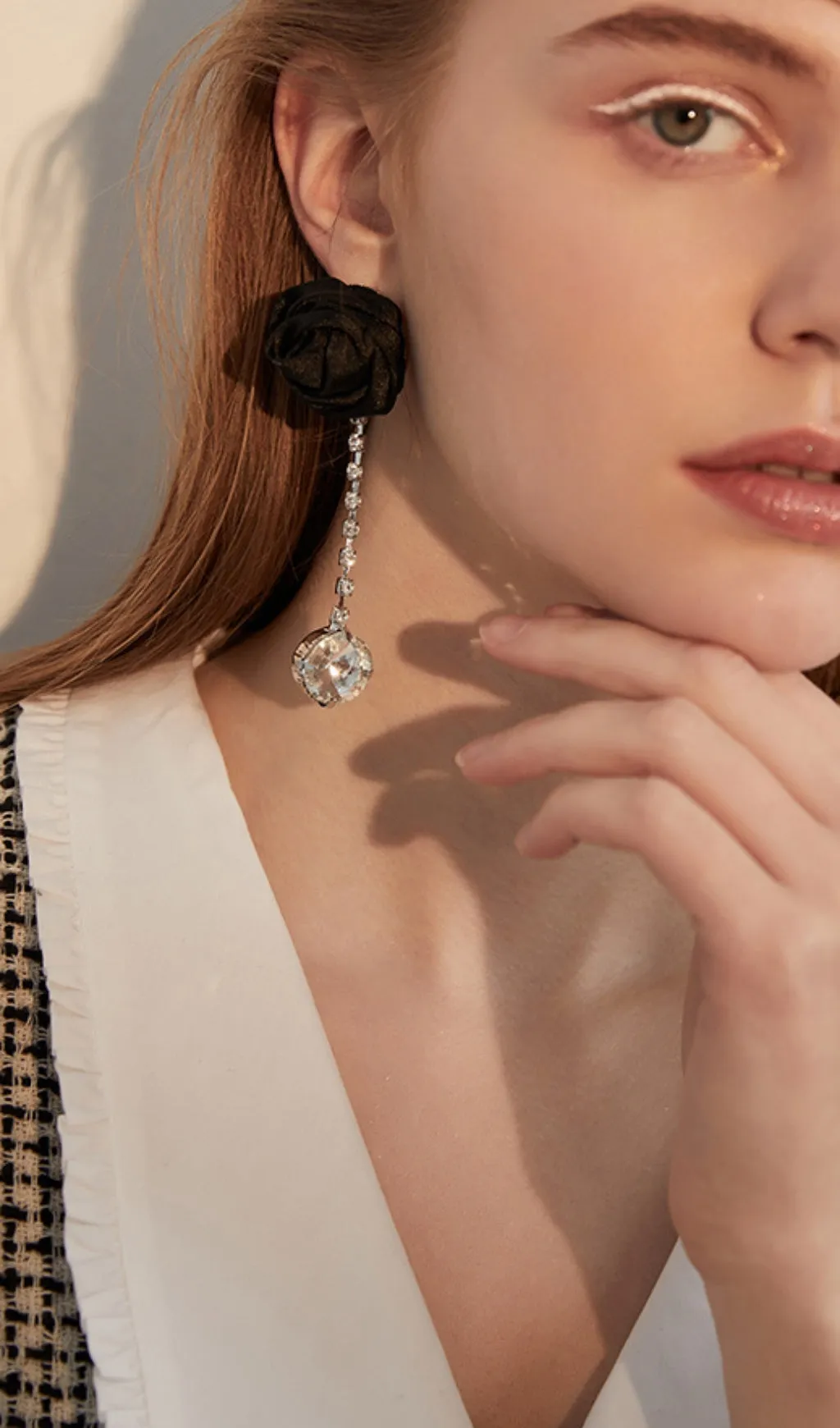 FABRIC ROSE RHINESTONE DROP EARRINGS Gloria Lanvin