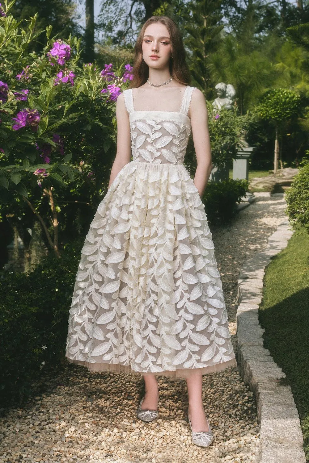 Fae A-line Square Neck Lace Midi Dress in cream white Gloria Lanvin