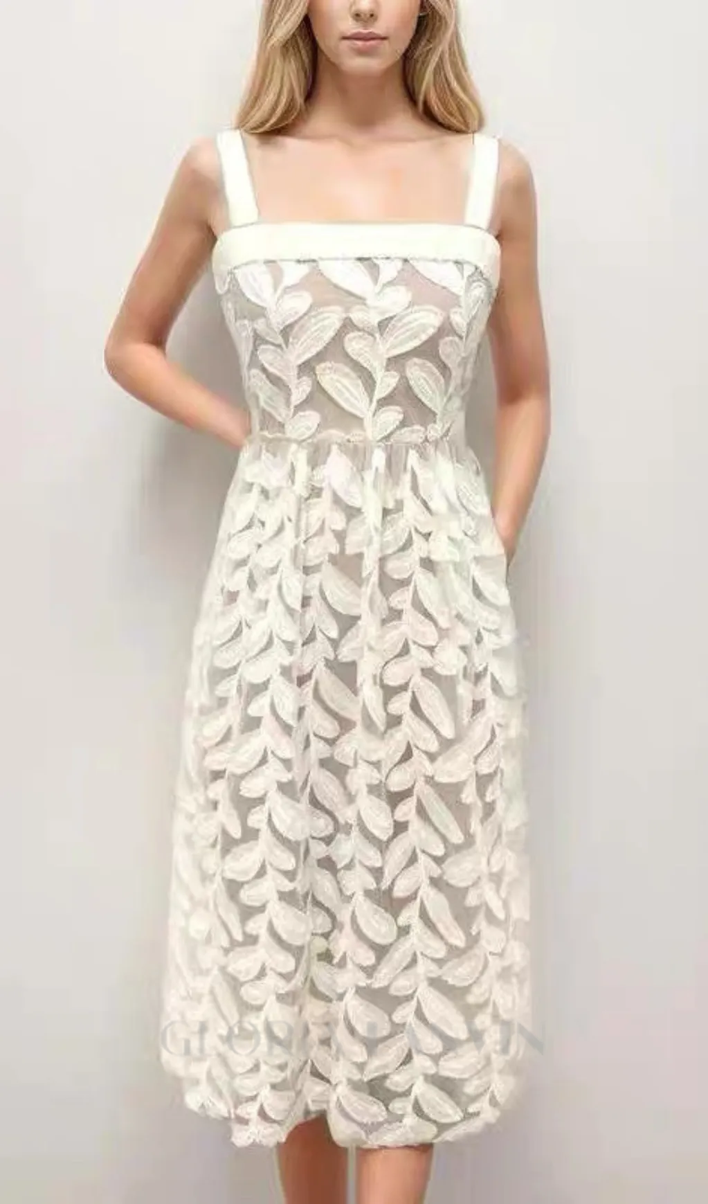 Fae A-line Square Neck Lace Midi Dress in cream white Gloria Lanvin