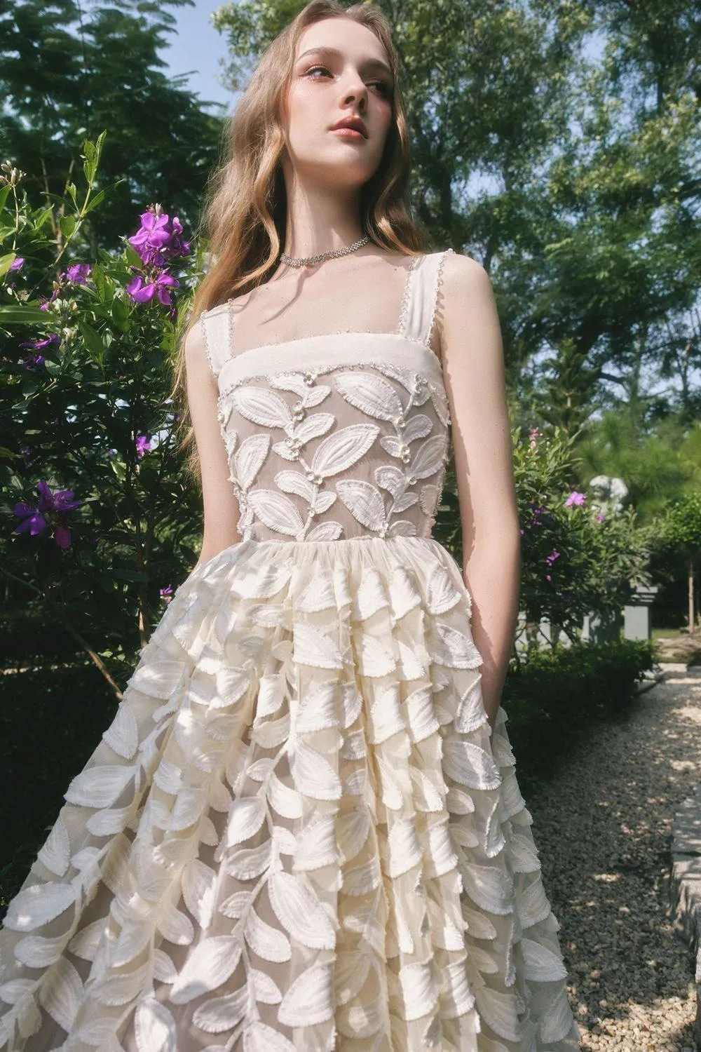 Fae A-line Square Neck Lace Midi Dress in cream white Gloria Lanvin