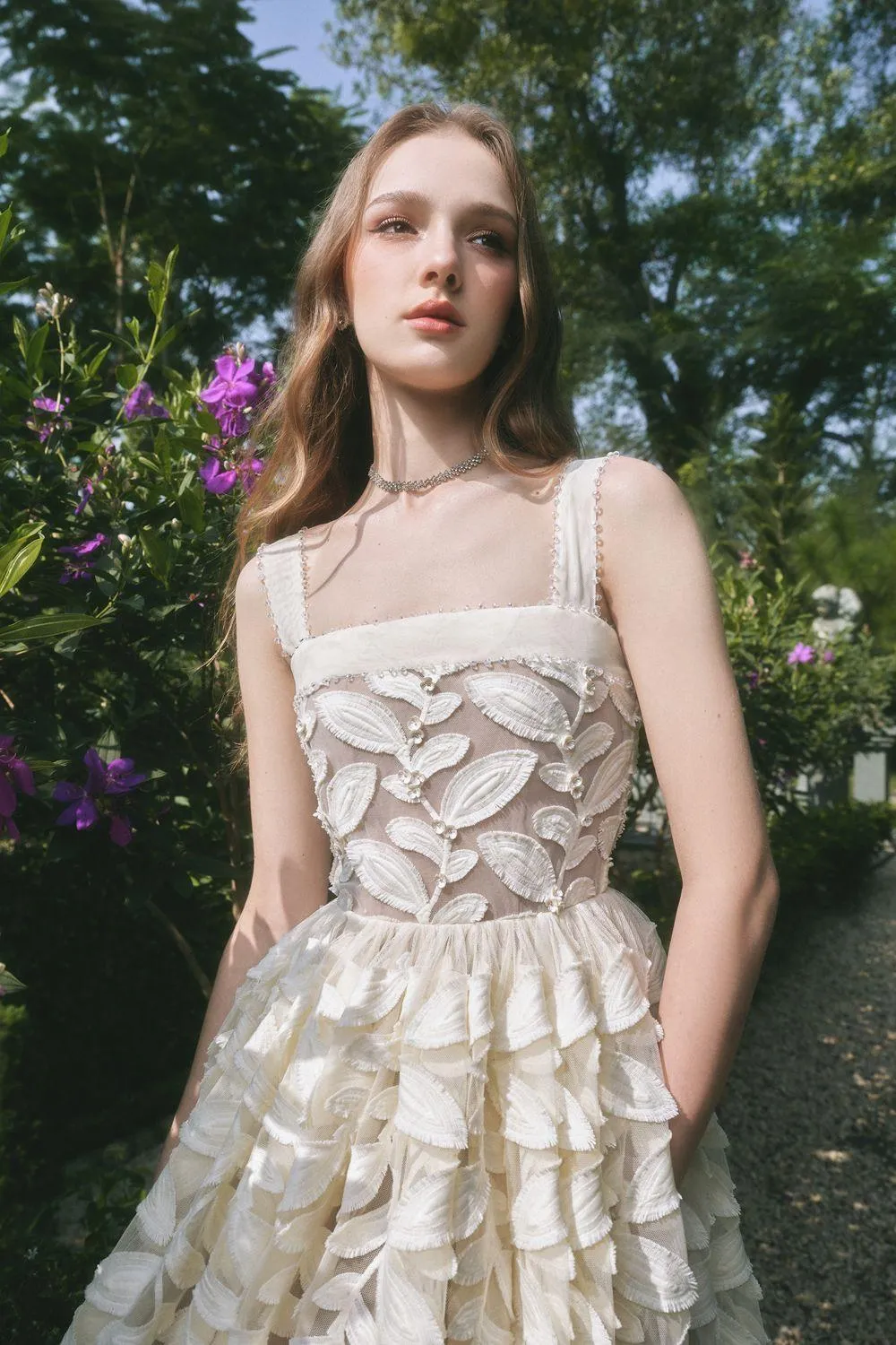 Fae A-line Square Neck Lace Midi Dress in cream white Gloria Lanvin