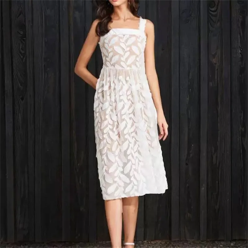 Fae A-line Square Neck Lace Midi Dress in cream white Gloria Lanvin
