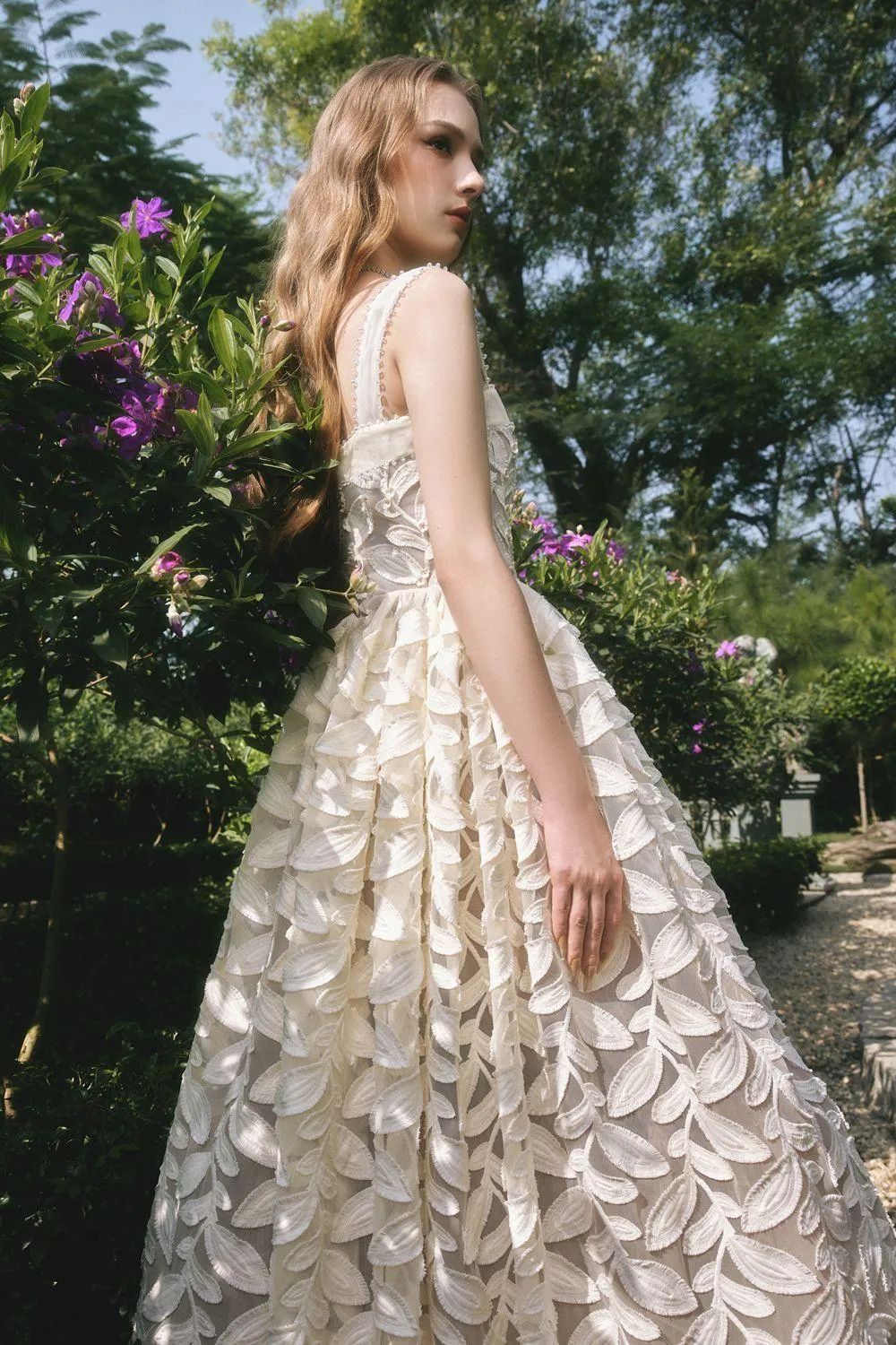 Fae A-line Square Neck Lace Midi Dress in cream white Gloria Lanvin