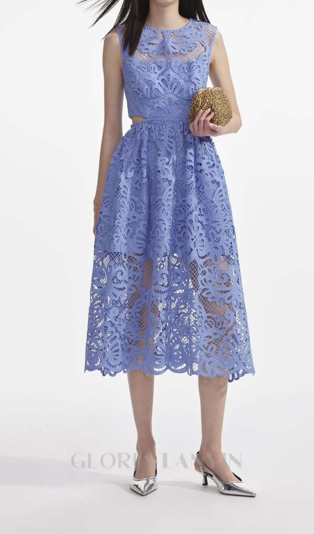 FANNY CUT-OUT LACE EMBROIDERY MIDI DRESS IN BLUE Gloria Lanvin