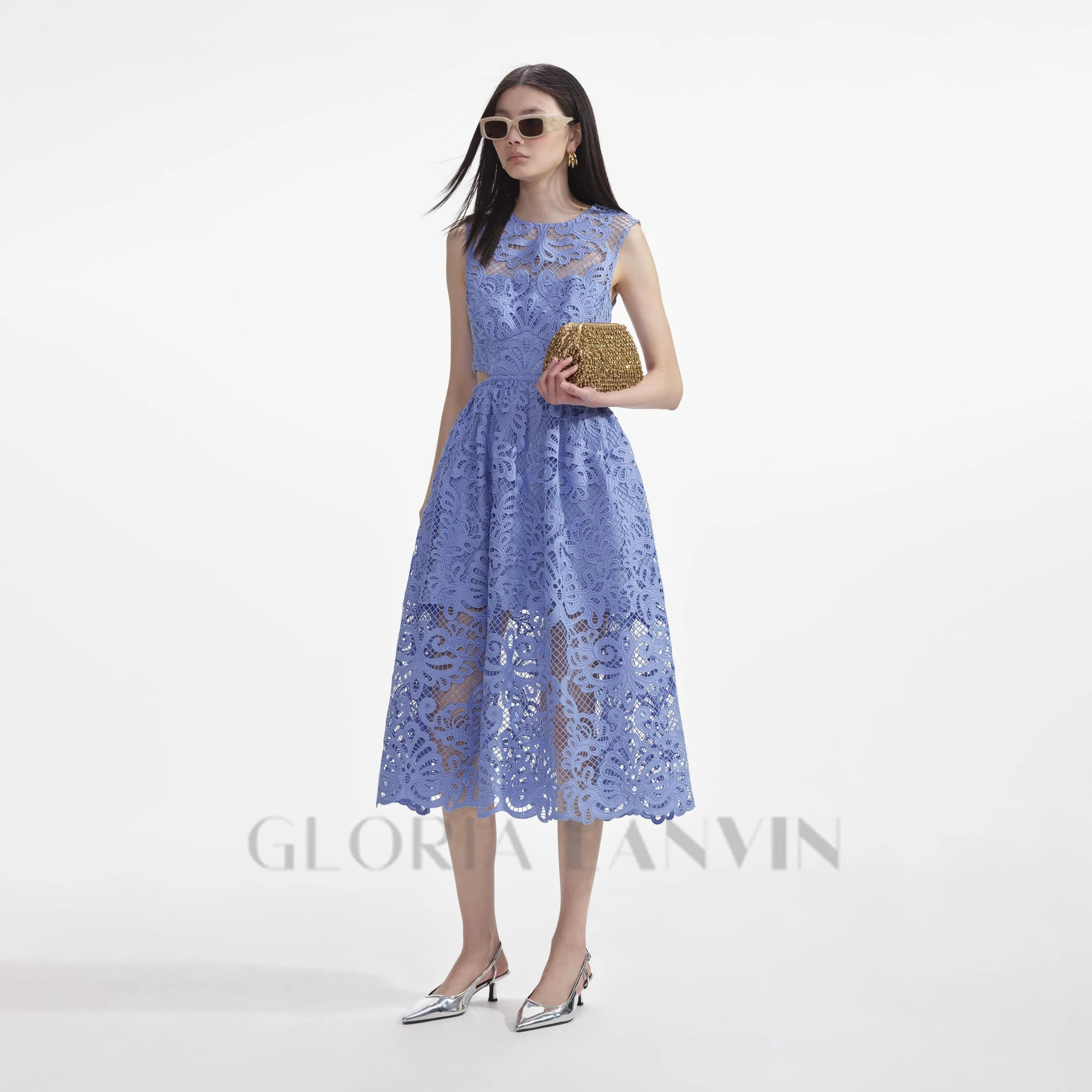 FANNY CUT-OUT LACE EMBROIDERY MIDI DRESS IN BLUE Gloria Lanvin