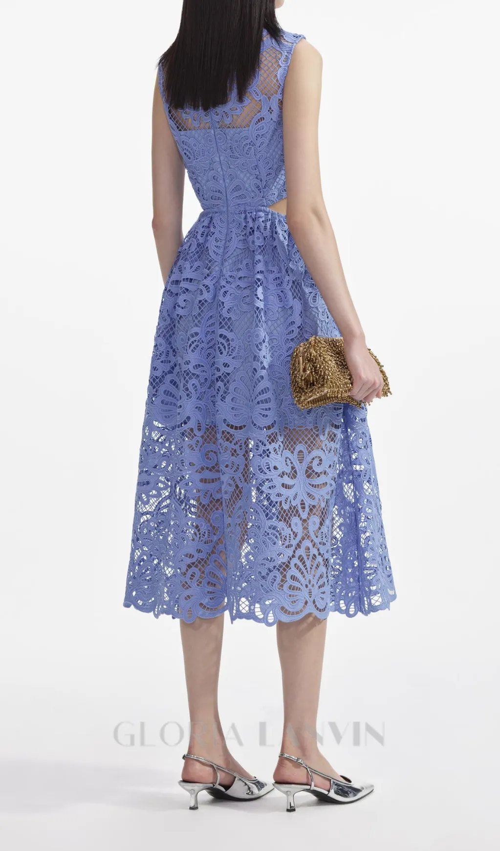 FANNY CUT-OUT LACE EMBROIDERY MIDI DRESS IN BLUE Gloria Lanvin