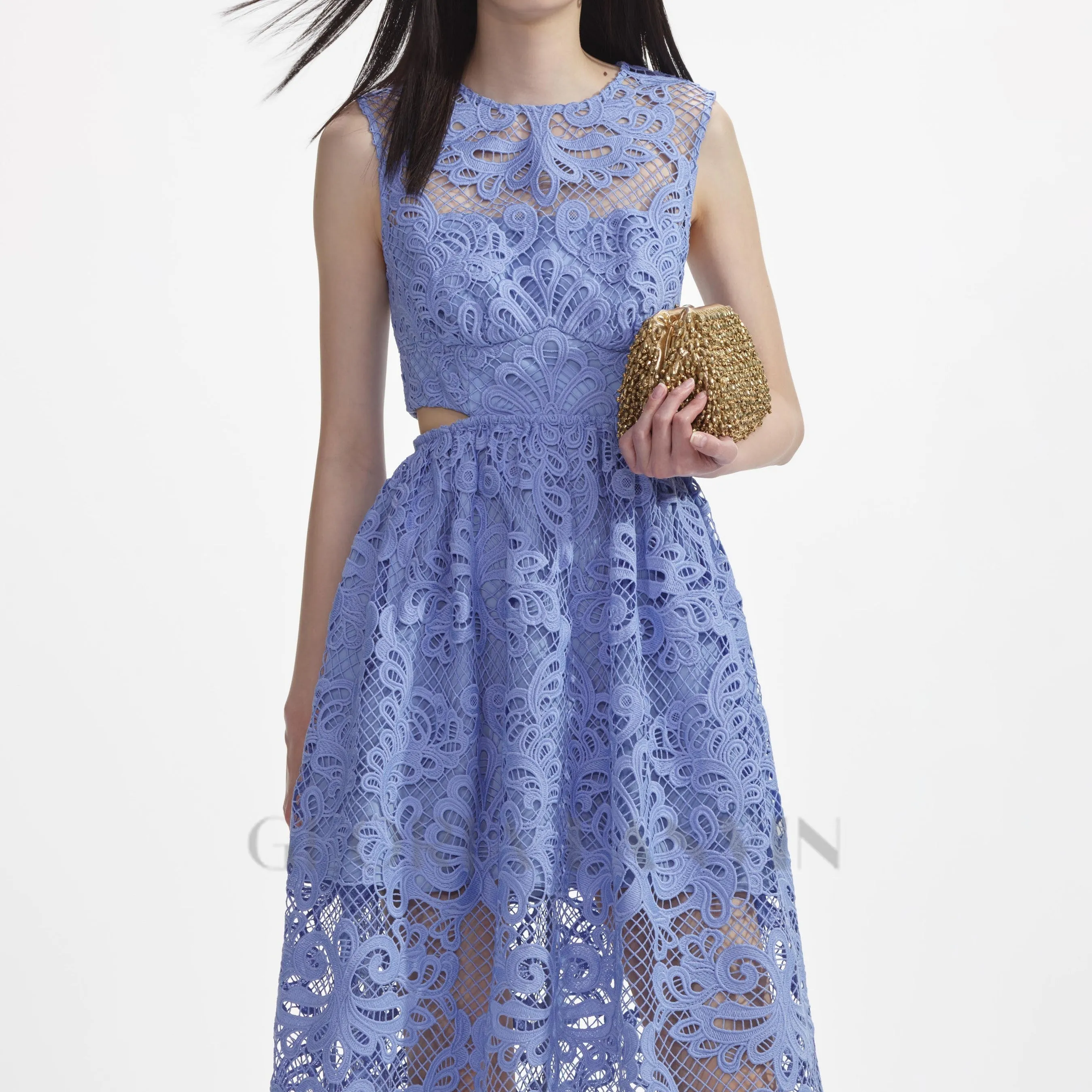FANNY CUT-OUT LACE EMBROIDERY MIDI DRESS IN BLUE Gloria Lanvin