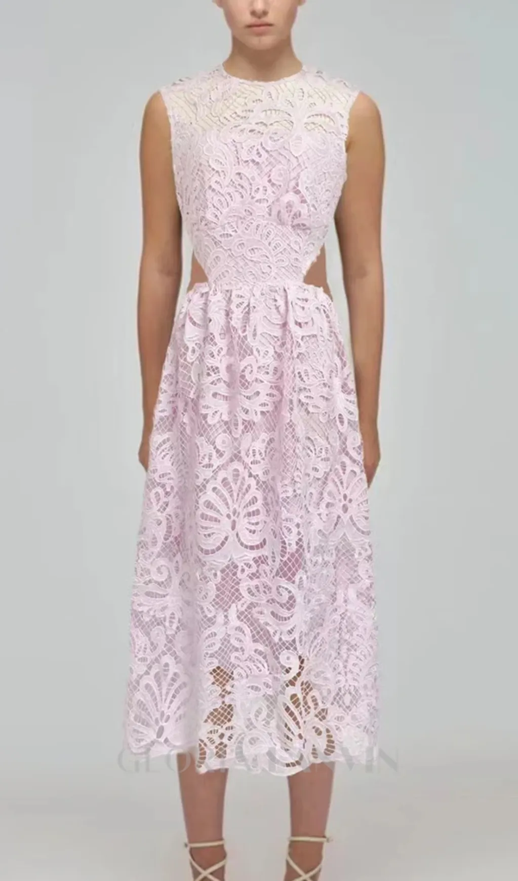 FANNY CUT-OUT LACE EMBROIDERY MIDI DRESS IN PINK Gloria Lanvin