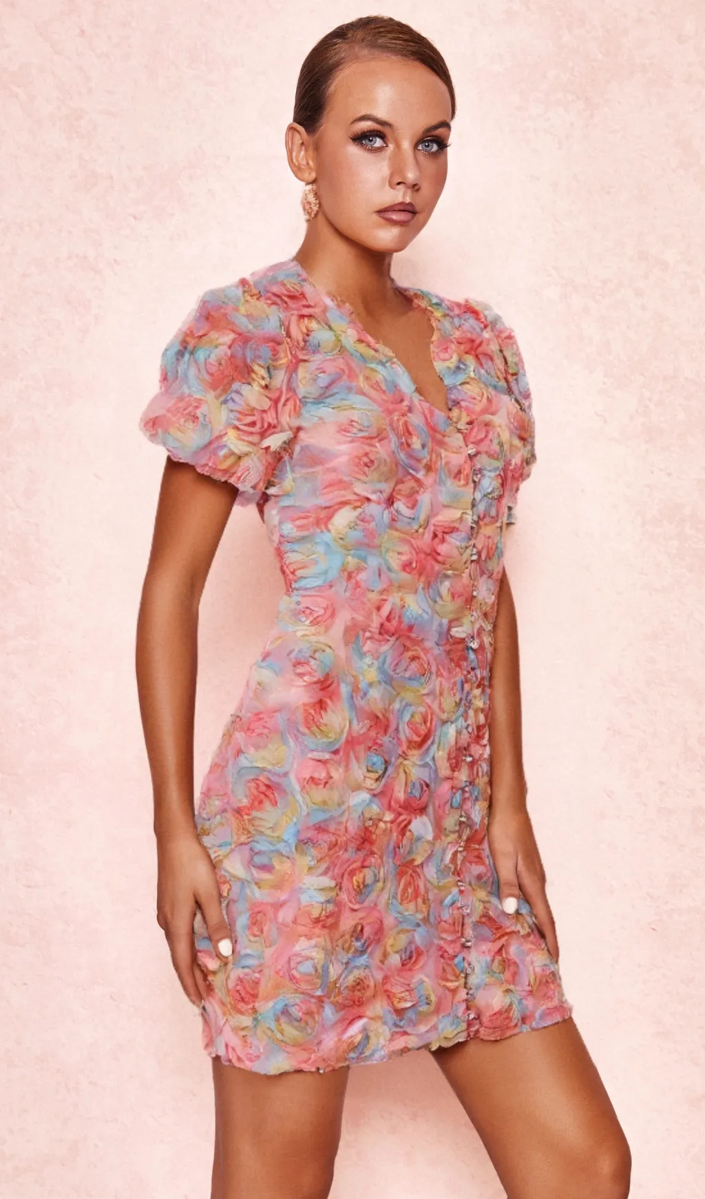 FAWN FLOWER EMBROIDERY BUTTON MINI DRESS IN PINK Gloria Lanvin