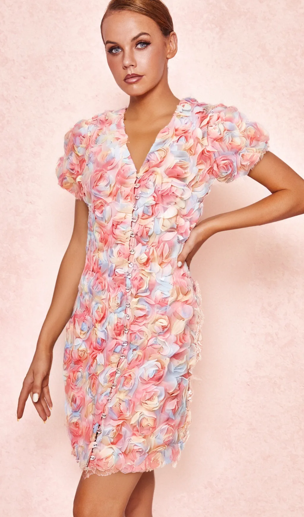 FAWN FLOWER EMBROIDERY BUTTON MINI DRESS IN PINK Gloria Lanvin