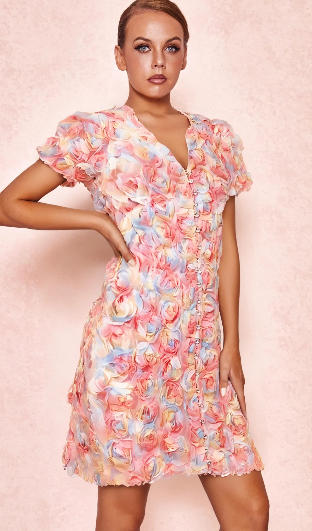 FAWN FLOWER EMBROIDERY BUTTON MINI DRESS IN PINK Gloria Lanvin