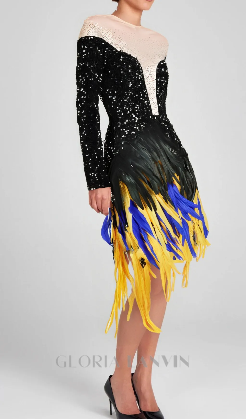 feather embellished sequin mini dress in black Gloria Lanvin