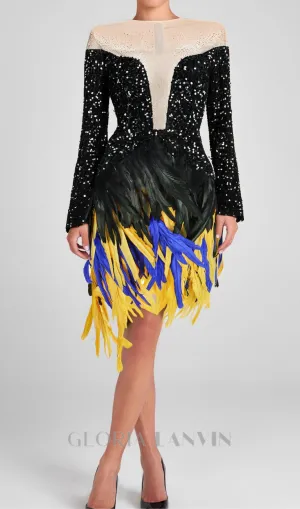 feather embellished sequin mini dress in black Gloria Lanvin