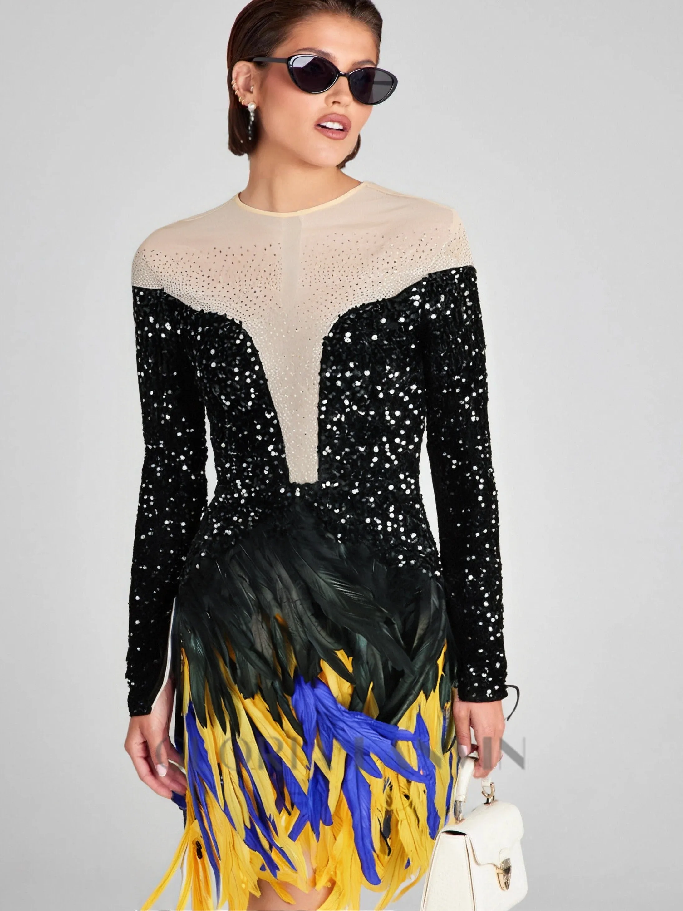 feather embellished sequin mini dress in black Gloria Lanvin