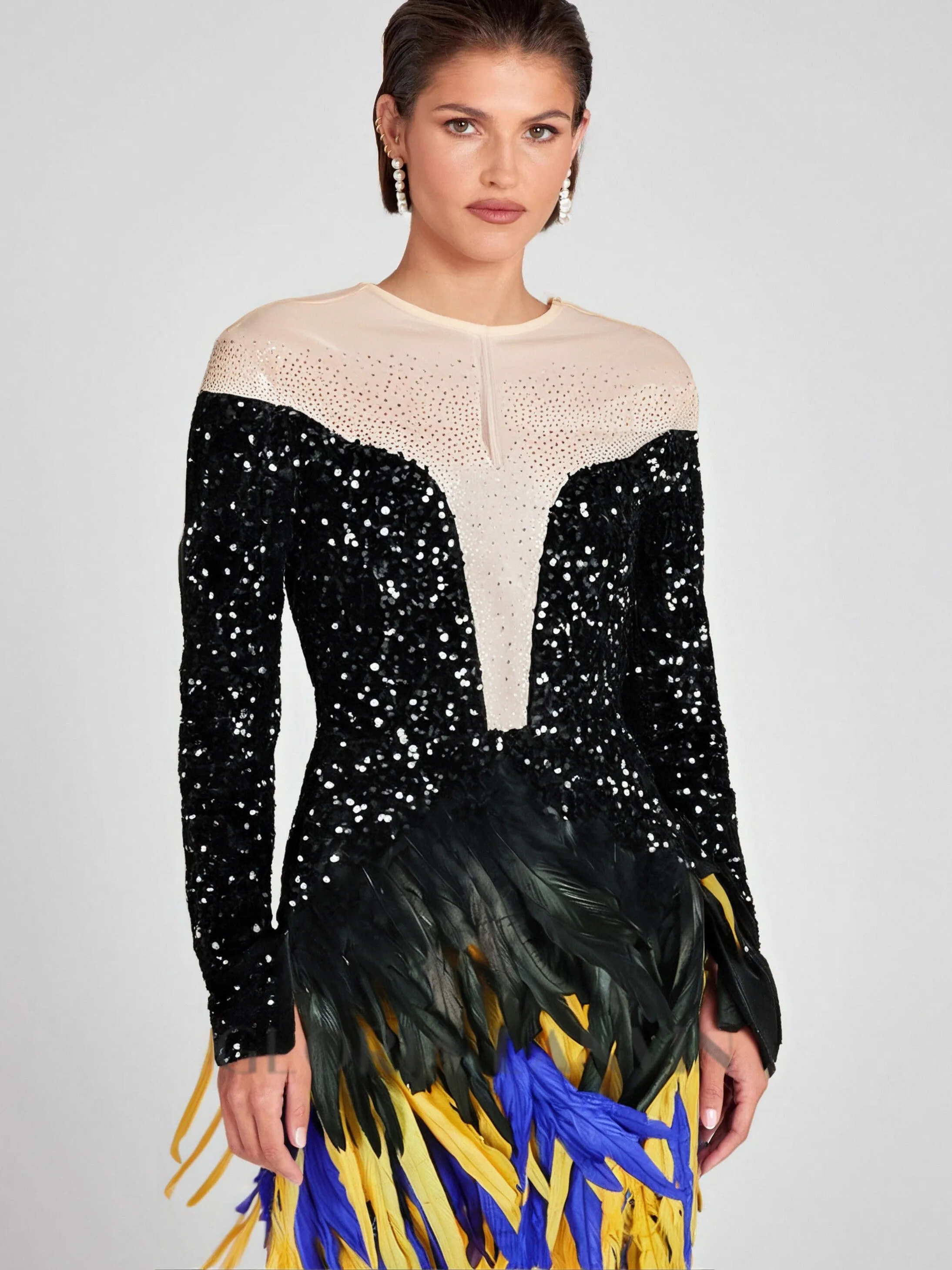 feather embellished sequin mini dress in black Gloria Lanvin