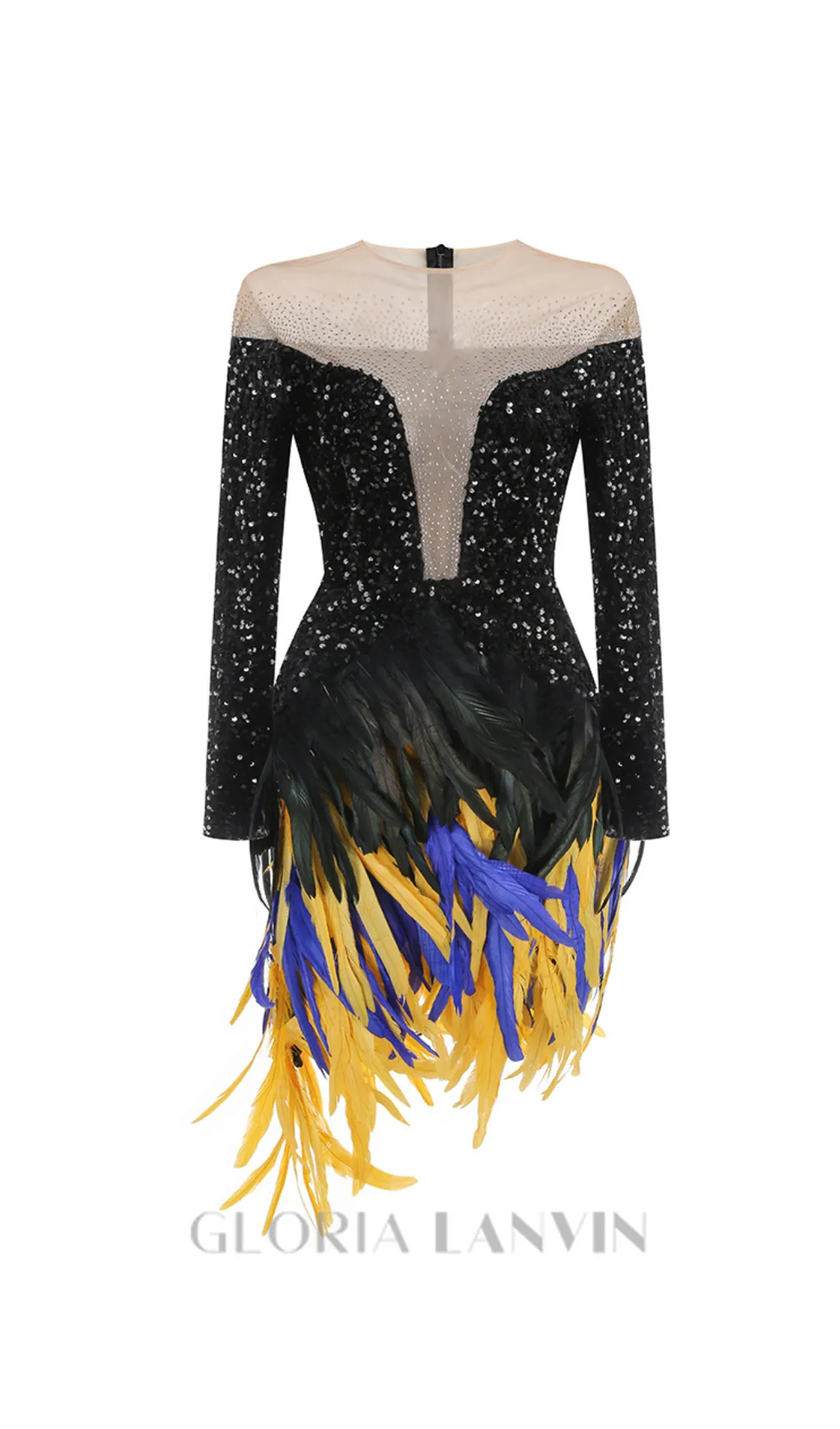 feather embellished sequin mini dress in black Gloria Lanvin