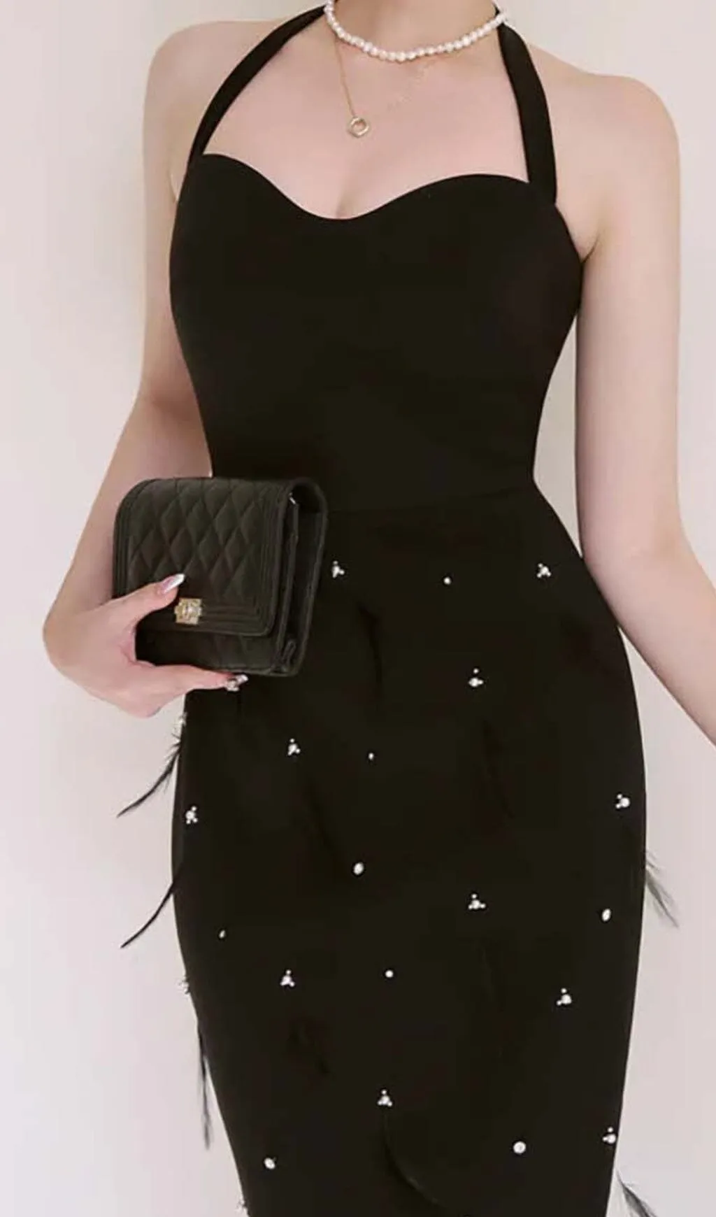 FEATHER RHINESTONES BODYCON MIDI DRESS IN BLACK Gloria Lanvin