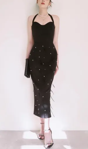 FEATHER RHINESTONES BODYCON MIDI DRESS IN BLACK Gloria Lanvin