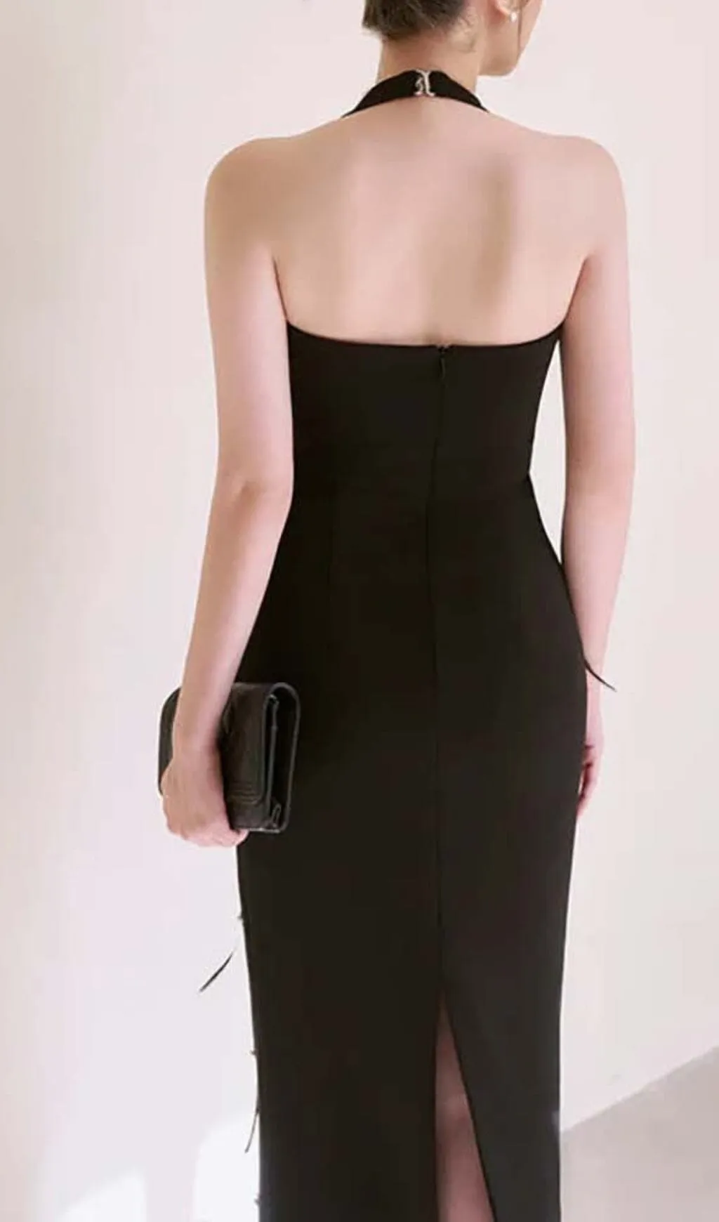 FEATHER RHINESTONES BODYCON MIDI DRESS IN BLACK Gloria Lanvin