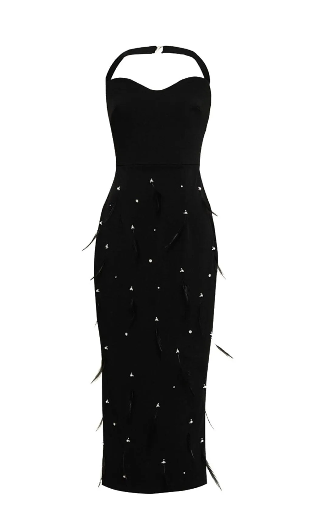 FEATHER RHINESTONES BODYCON MIDI DRESS IN BLACK Gloria Lanvin