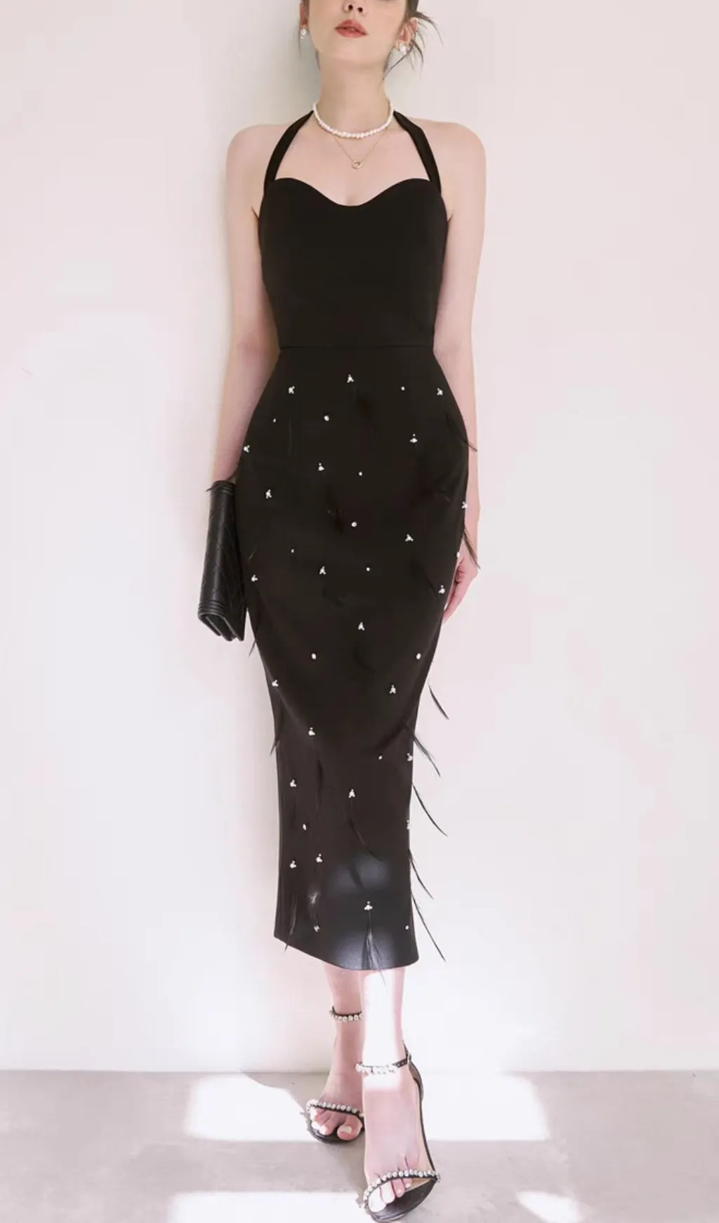 FEATHER RHINESTONES BODYCON MIDI DRESS IN BLACK Gloria Lanvin