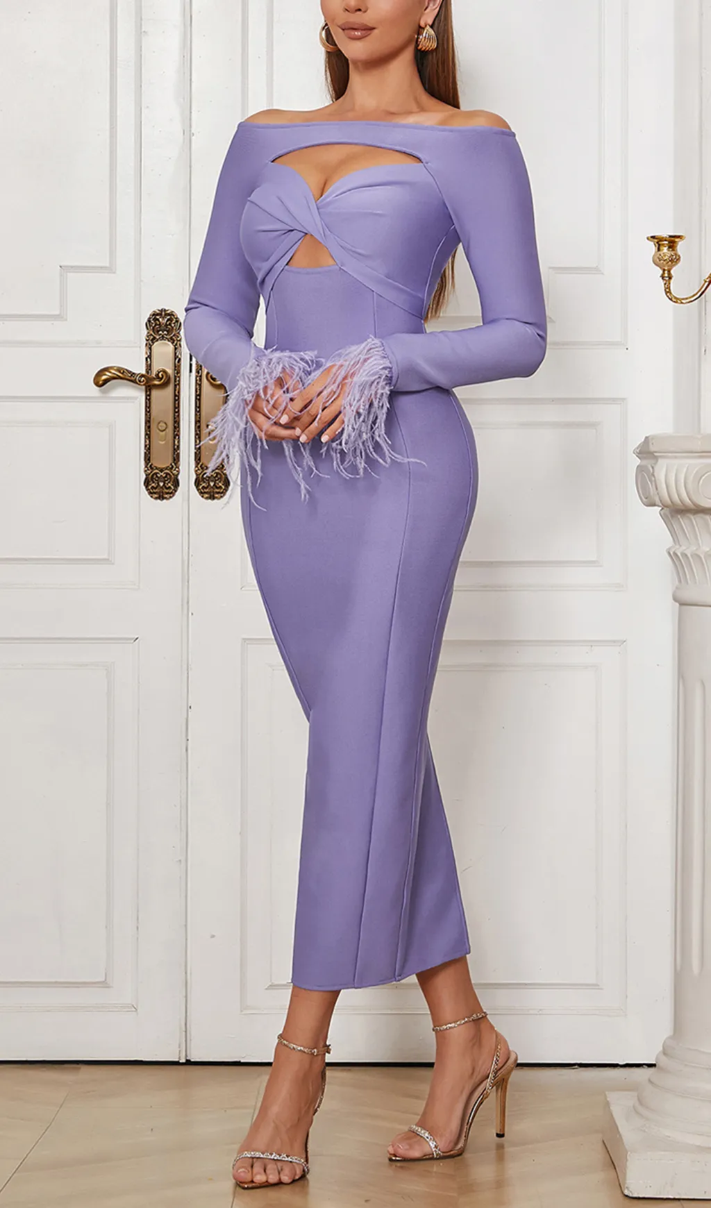 FEATHER SLEEVE CUT OUT MIDI DRESS Gloria Lanvin