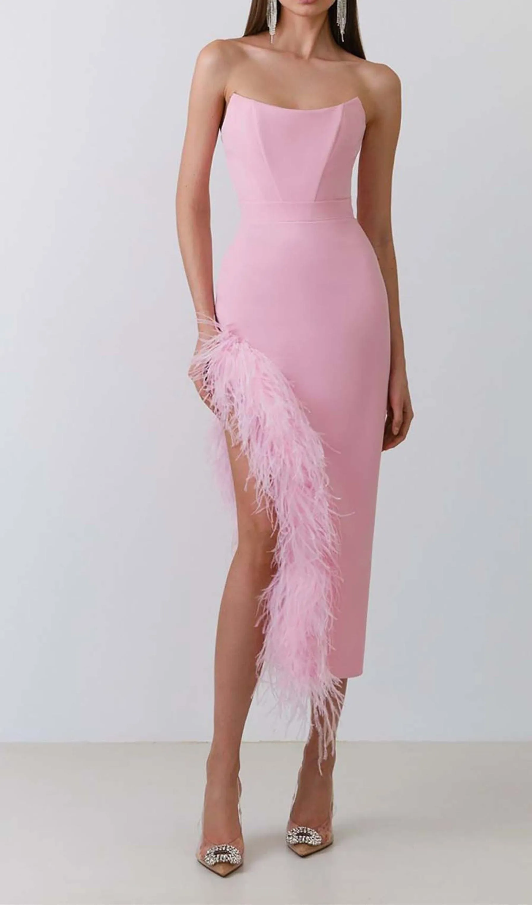 FEATHER TRIM SPLIT MIDI DRESS IN BUBBLEGUM Gloria Lanvin