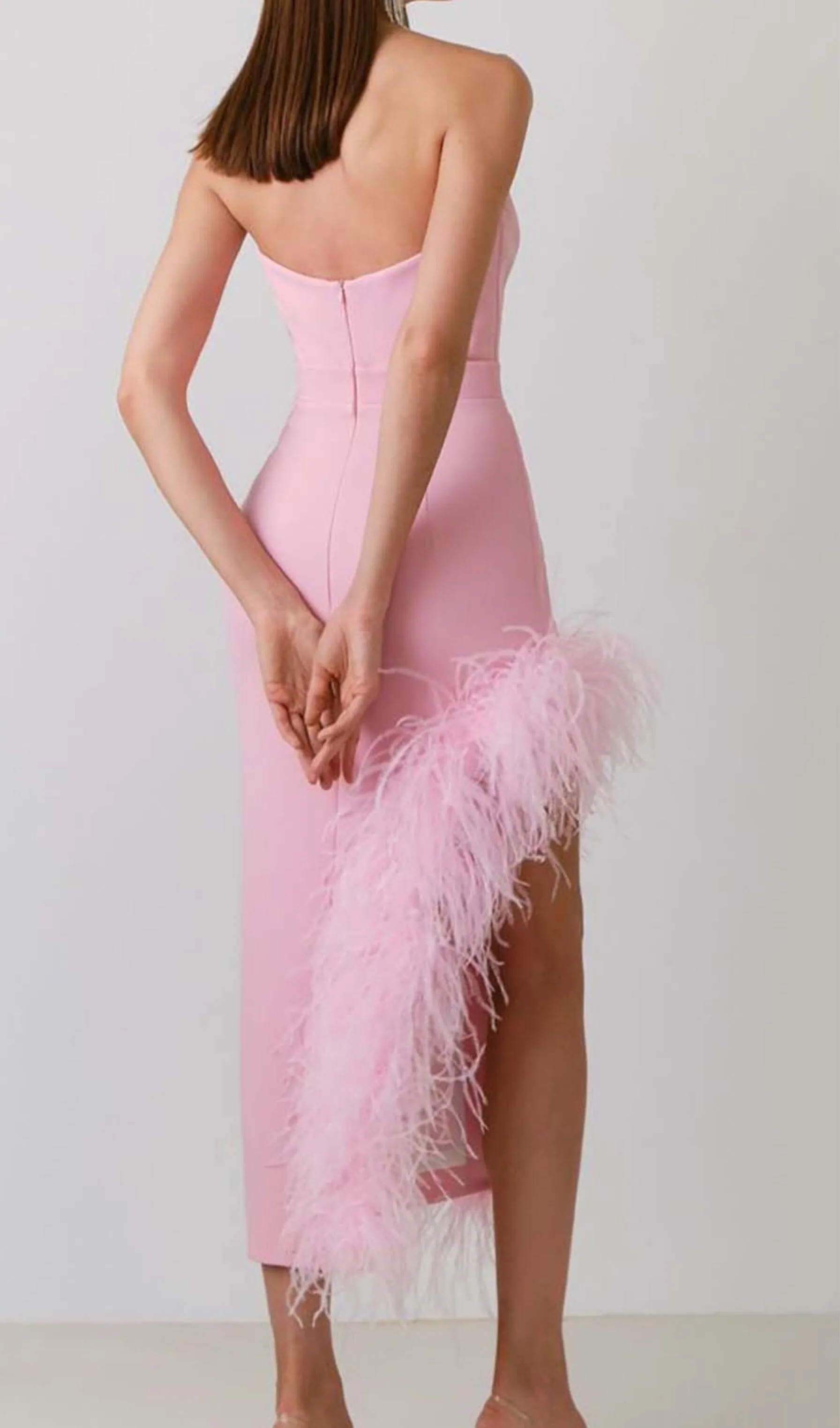 FEATHER TRIM SPLIT MIDI DRESS IN BUBBLEGUM Gloria Lanvin