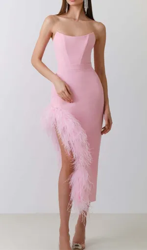 FEATHER TRIM SPLIT MIDI DRESS IN BUBBLEGUM Gloria Lanvin